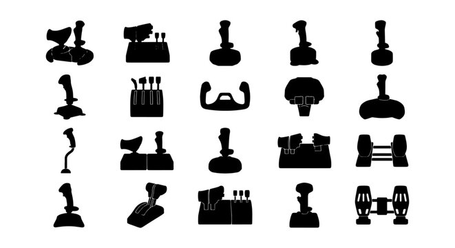 Flight simulator joystick silhouette set, 20 gaming controller icons, black aviation flight stick and throttle quadrant vector collection