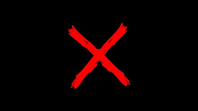 Hand-drawn, red, X, mark, animation, on, black, background, perfect, for, rejection, error, wrong, answer, and, creative, storytelling, highlights, for, professional, video.
