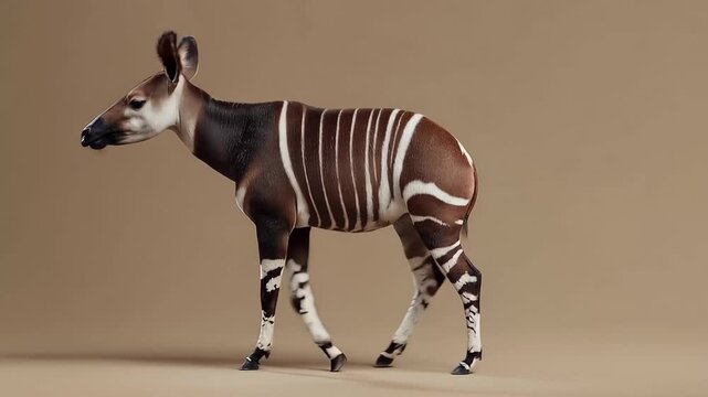 Okapi stands calmly in studio setting with simple background while showcasing its unique features and details of its coat