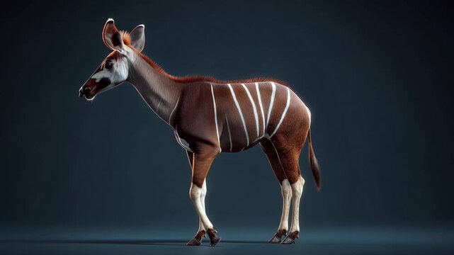 In a studio, an okapi stands with distinct stripes on its body and a calm posture, capturing the unique features of this rare animal during the afternoon