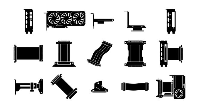 Computer graphics card silhouette icons, 15 GPU hardware components and riser cable vector set, PC gaming hardware parts and mounting brackets
