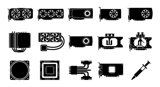 Computer hardware components and GPU graphics card icons, 15 black silhouette vector elements, PC cooling and processor parts for gaming and mining