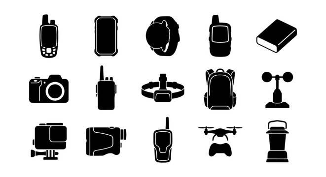 Outdoor adventure gear icons set, black silhouette hiking and camping equipment vectors, 15 travel technology and survival tools for exploration