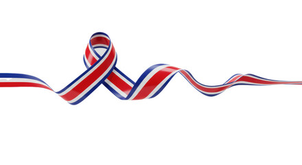 Obraz premium Dynamically rendered 3D ribbon with UK flag colors (red, white, blue) and glossy finish, gracefully sweeping on a transparent background with copy space, concept of UK national pride and patriotism