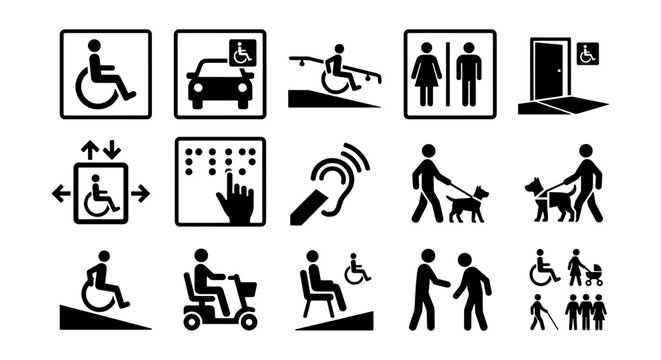 Disability accessibility icons set, 15 black handicap wayfinding symbols, wheelchair and blind assistance vector elements for public signage