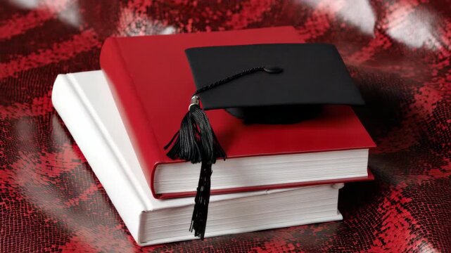Panning slow motion shot of graduation cap and tassel resting on stacked books on patterned red fabric tabletop in studio