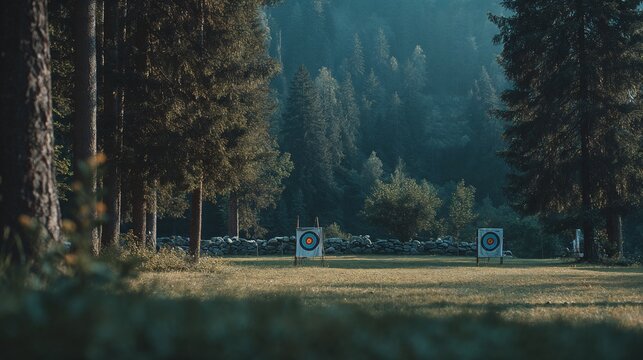 Archery targets set up in a forest clearing with trees surrounding  