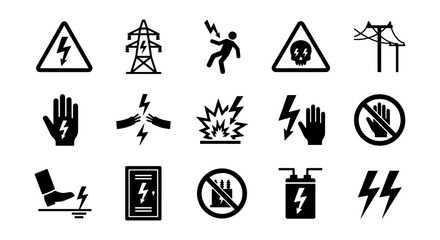 Electrical shock hazard warning icons, set of 15 black vector symbols for high voltage safety, industrial electricity danger signs and power line alerts © Liza