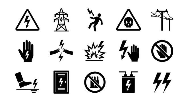 Electrical shock hazard warning icons, set of 15 black vector symbols for high voltage safety, industrial electricity danger signs and power line alerts