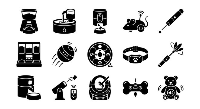 Smart pet technology icons set, 15 black silhouette vector elements for automatic feeders and electronic cat toys, modern pet care gadgets collection