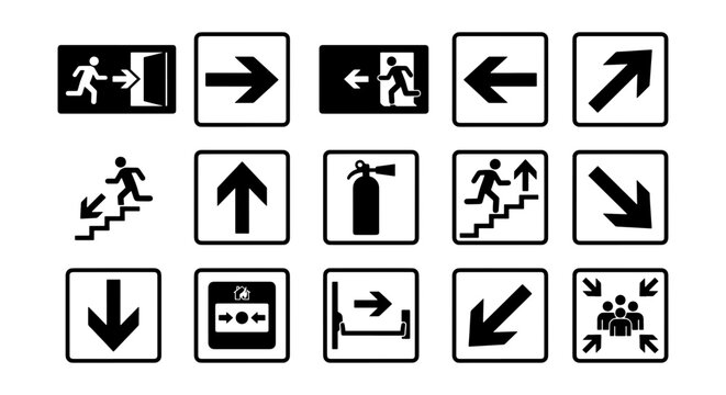 Emergency exit signs and fire safety icons set, black evacuation symbols on white background, 14 vector navigation pictograms for building security