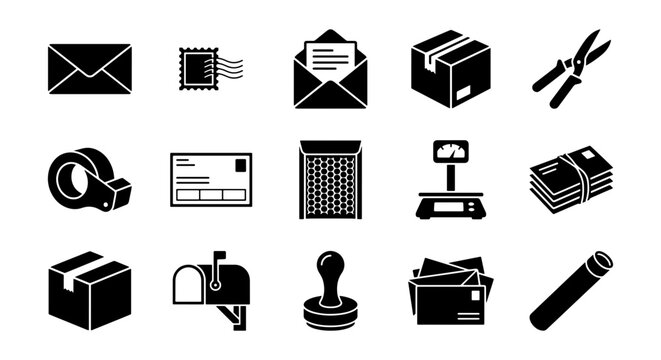 Post office and shipping icon set, 15 black vector mail and delivery symbols, logistics and postal service elements for web and app design