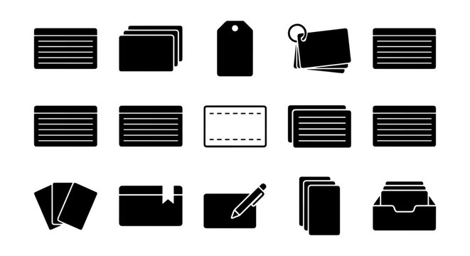 Minimalist index card icon set, black solid flashcard vector symbols, 15 stationery and office supply elements for organization and study