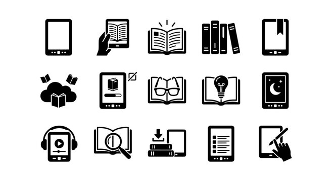 E-book reader and digital library icons, 15 black vector symbols for online education, electronic reading devices and audiobook application interface