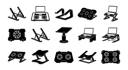 Laptop stand and cooling pad icons, 15 black vector elements for ergonomic workspace, notebook riser and computer radiator fan symbols © Rima
