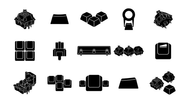 Mechanical keyboard switch icons set, 15 black vector elements of keycaps and hardware, custom gaming keyboard components for tech design