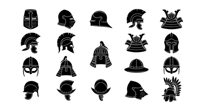 Ancient warrior helmet icons set, 20 medieval knight and gladiator headgear vector silhouettes, historical spartan and samurai armor elements
