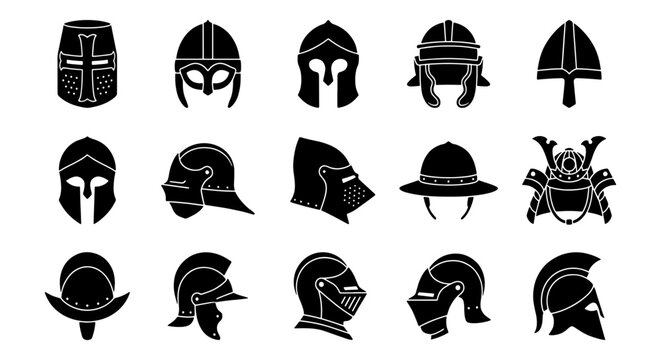 Medieval Knight Helmet Icon Set, 15 Black Vector Silhouettes of Ancient Warrior Headgear, Historical Armor and Battle Helmets for Gaming and Design