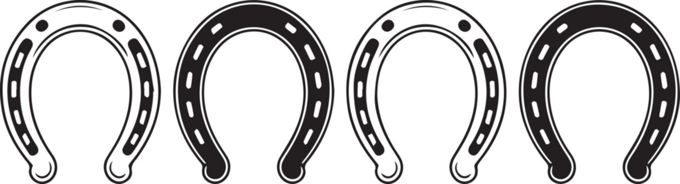 Four black and white horseshoe illustrations in a row