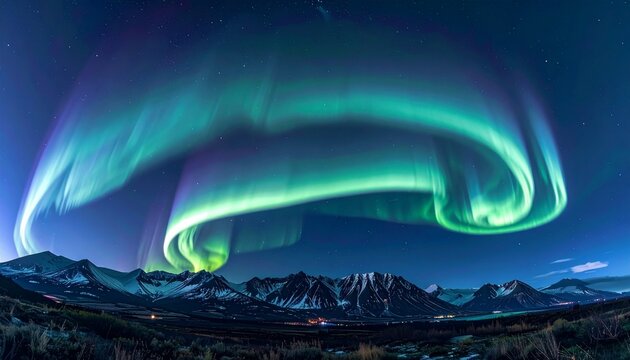 vibrant omega band aurora borealis swirling over snowy mountain landscape at night