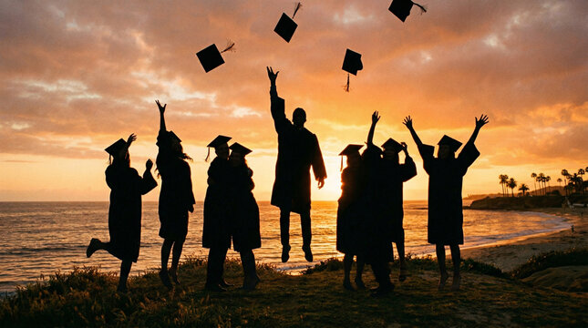 Silhouette of graduates throwing caps at sunset on beach celebration success