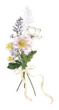 Spring flower bouquet clipart, colored pencil illustration, soft pastel vintage botanical style, isolated