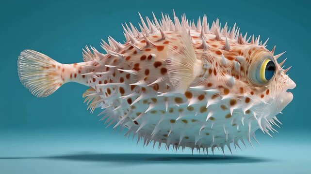 Unique puffer fish sits on a blue surface with spines and big eyes while looking around in a bright studio setting