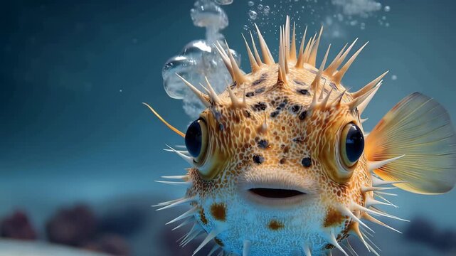 Puffer fish swims in clear water while bubbles rise around it in a vibrant underwater scene