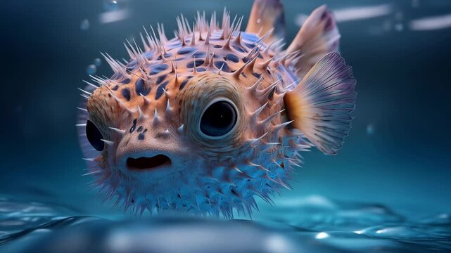 Puffer fish swimming in clear blue water with bubbles rising around it during a sunny day