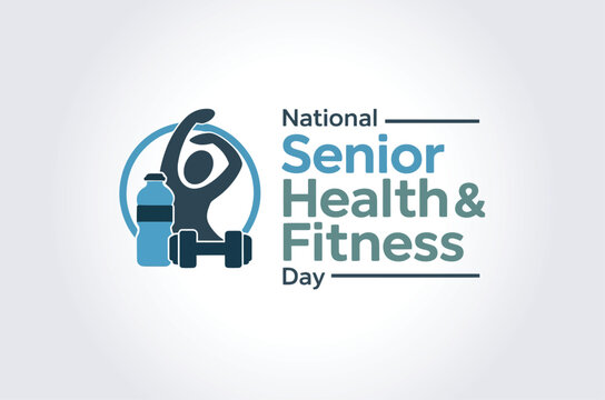 National Senior Health and Fitness Day Concept with Active Elder Icon Water Bottle and Dumbbell Symbols