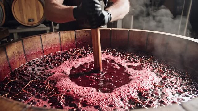 Winemaker Punctures Cap of Fermenting Red Wine Grapes in Wooden Vat.