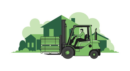Naklejka premium A Green Forklift Transports Lumber Near Houses Depicting Residential Construction