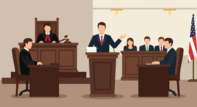 Flat style vector illustration of a lawyer presenting argument in courtroom, showing legal process, trial advocacy, and professional representation in justice system environment
