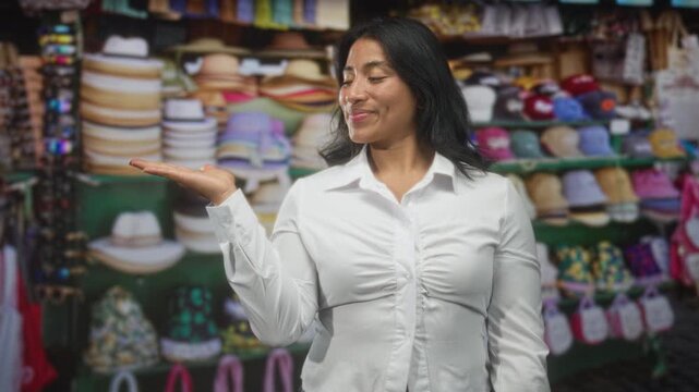 Woman presenting open palm toward stacked hats in a busy street market stall while smiling; contentment curiosity.