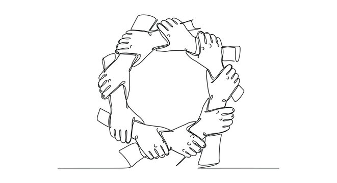 Circle of human hands joined together representing teamwork unity and support with teamwork