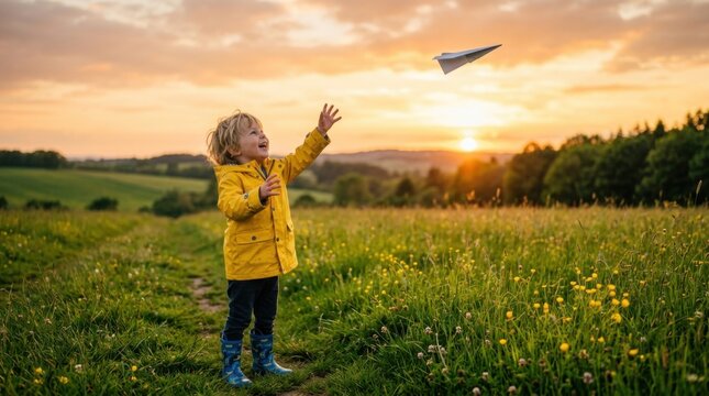Little Child in Yellow Raincoat Playing with Paper Airplane in Meadow