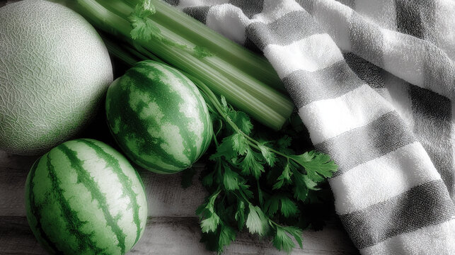 Fresh watermelon slices with celery and parsley on a checkered cloth