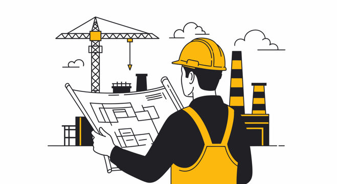 Architect Reviewing Blueprints at Construction Site with Crane and Industrial Elements