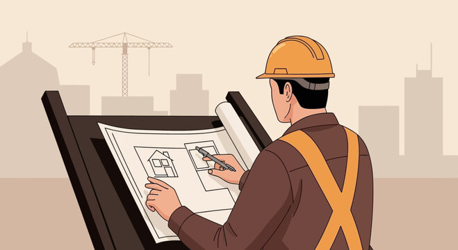 Architect Reviewing Blueprints on Drafting Table For Residential Construction Project