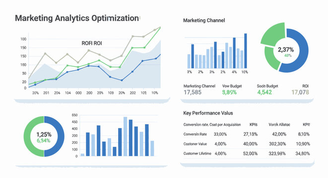 Marketing analytics dashboard with financial charts and performance data