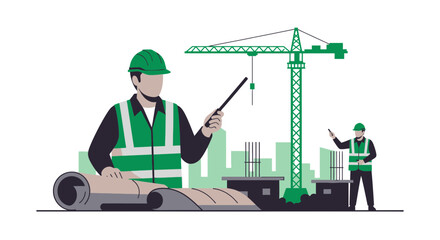 Fototapeta premium Architects Overseeing Construction Project With Large Crane In The Background