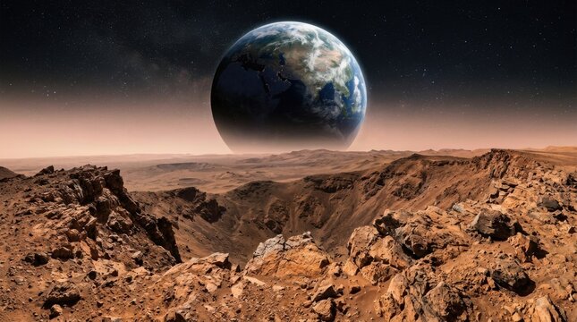 Earth Rising Over the Rocky Desert Horizon of Mars