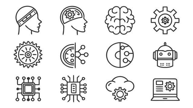 Technology icons, artificial intelligence symbols, robotics signs, gear and brain vector graphics
