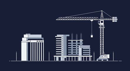 Fototapeta premium Architectural Illustration Depicting Buildings Under Construction, Crane and Skyline