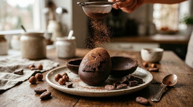 Chef Sifting Fine Powder Over Gourmet Dark Chocolate Treat