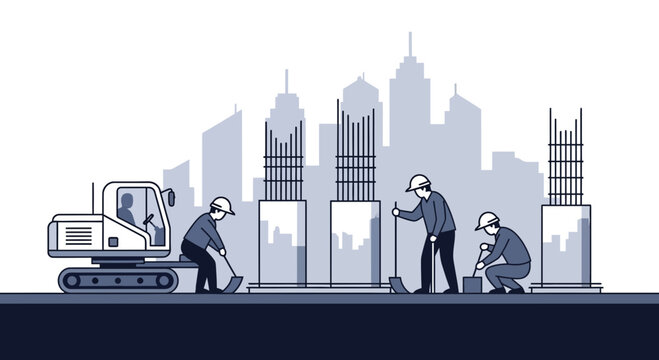 Constructing The Modern City: A Simplified Monochromatic Illustration Of Labor And Urban Progress