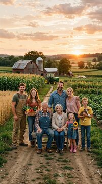 Multigenerational family gathering on a farm. Farmer parents with child and grandparent posing in field at sunset. Agriculture, rural lifestyle and togetherness concept.