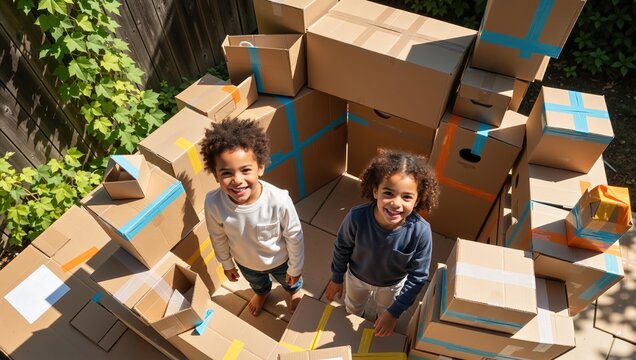 Two happy children building a fort from cardboard boxes outdoors. African american boy and girl playing with delivery packages. Creative DIY activity, fun childhood game, imagination.