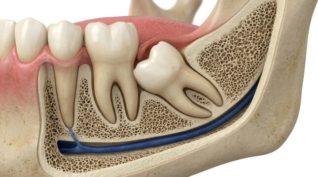 Model Showing the Structure and Anatomy of a Human Lower Jaw Including Teeth and Nerve Pathways in Detail