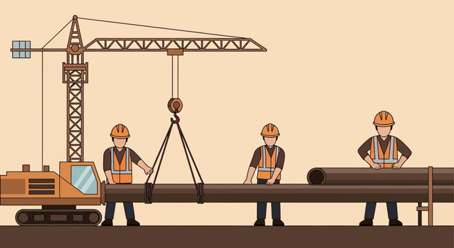 Construction Crew and Crane Lifting Heavy Objects in a Construction Site Illustrative Graphic